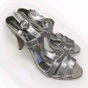 Miss Sixty Silver Strappy Heels Size 10M Metallic Strappy Sandals Y2K